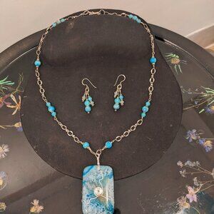Pendant Necklace Natural Quartz Blue Dye Beaded Matching Earrings 24in